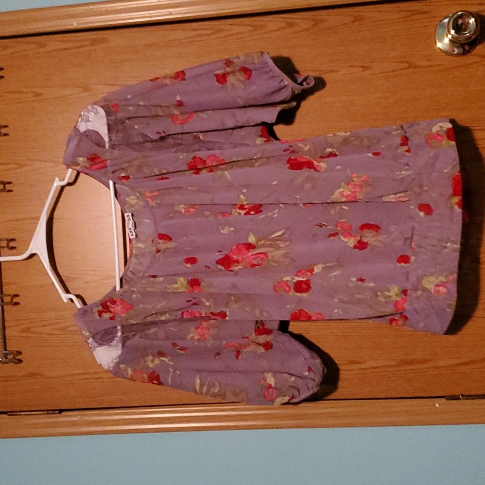 Sheer purple with red flowers blouse